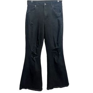 Almost Famous Jeans Women’s 9 High Rise‎ 90s Flare Leg Black Distressed Stretch
